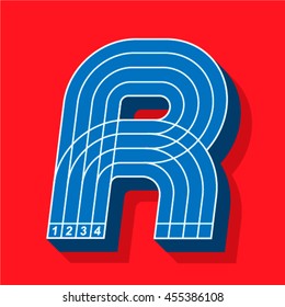 Sport font, letter R, running track, vector.