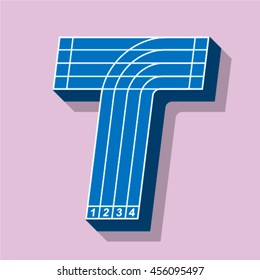 Sport font, letter T, running track, vector.