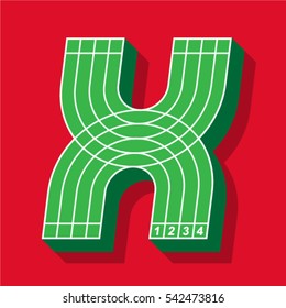 Sport font, letter X, running track, vector.