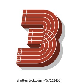 Sport font, number 3, running track, vector.