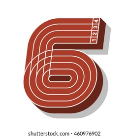 Sport font, number 6, running track, vector.