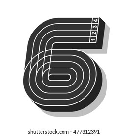 Sport font, number 6, running track, vector.