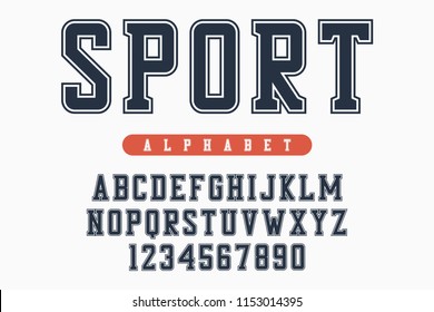 Sport font, original college alphabet. Athletic style letters and numbers for sportswear, t-shirt, university logo. Retro varsity typeface. Vector illustration.