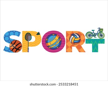 Sport font theme concept typographic style colorful alphabet artistic element basketball volley badminton soccer football bicycle design icon set