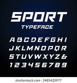 Fuente deportiva. Alfabeto de Vector con letras y números latinos.