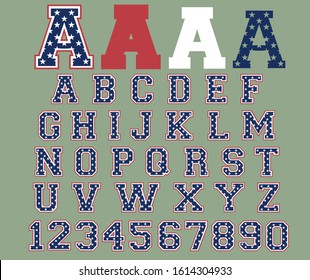 Sport font vector USA flag. Varsity font college United States Flag alphabet letters and numbers. American Flag vector font svg