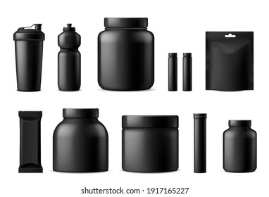 Sport food black containers. Whey protein, gainer powder and nutrition supplements packaging mockups collection, snack wrapper, fitness products, vitamins and energy drinks. Vector 3d template set