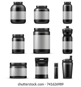 Sport food containers. Protein powder container and plastic drink bottle set isolated. Vector set of protein sport nutrition illustration