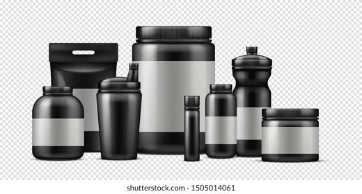 Sport food containers. Vector protein powder container and plastic drink bottles isolated on transparent background