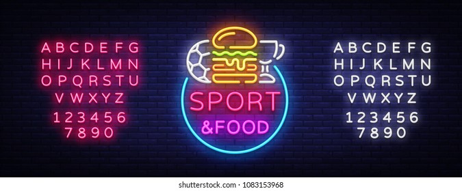 Sport Food Neon Sign Vector. Sports Food Logo In Neon Style, Light Signboard, Bright Billboard, Night Neon, Sports Bar, Pub, Dining Room, Football Online, Fan Club. Vector. Editing Text Neon Sign