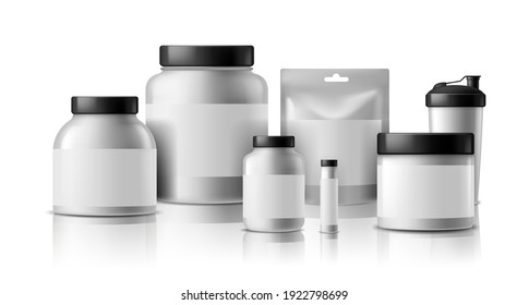 Sport food silver packaging. Healthy nutrition plastic containers composition, protein supplements, energy drinks and vitamin products with blank empty labels. Branding template vector isolated mockup