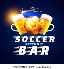 Sport Football Bar Menu Design Template with Realistic Elements Beer Cup, Stars and Soccer Ball. Vector illustration