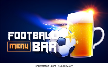 Sport Football Bar Menu Design Template with Realistic Elements. Beer Cup and Soccer Ball. Vector illustration