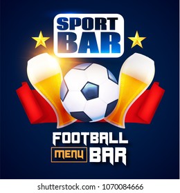 Sport Football Bar Menu Design Template with Realistic Elements. Beer Mug, Red Ribbon, Stars and Soccer Ball. Vector illustration