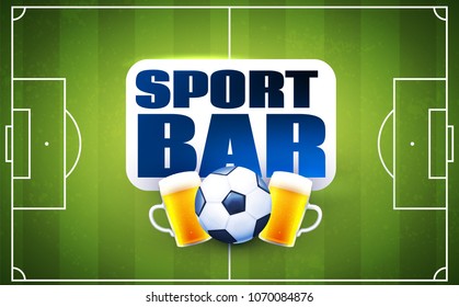 Sport Football Bar Menu Design Template with Realistic Elements. Football Field, Beer Cup and Soccer Ball. Vector illustration