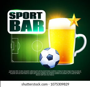 Sport Football Bar Menu Design Template with Realistic Elements. Football Field, Beer Mug and Soccer Ball. Vector illustration