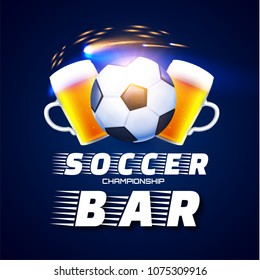 Sport Football Bar Menu Design Template with Realistic Elements. Beer Mug and Soccer Ball. Vector illustration