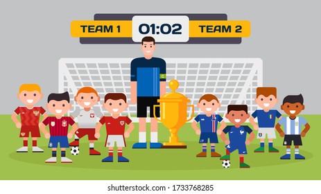 Sport football boy teams with trainer, footballing field, goal, trophy cup on vector cartoon soccer character champion illustration. Concept of footballer competition on field. Happy kids, balls.