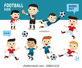 sport football concept.
kids diverse of costume and action poses.
flat design illustration.