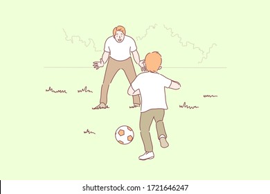 Sport, football, family, fatherhood, childhood concept. Cartoon characters young man father playing football with boy child kid in park. Outdoor holiday recreation and fathers day