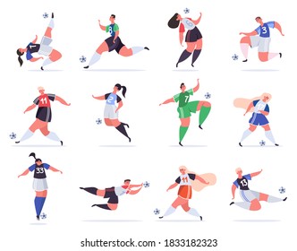 Sport football people. Soccer male and female characters, football people kicking ball, professional sportsmen vector illustration set. Characters playing in uniform, different positions