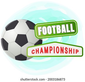 Sport football vector banner, soccer championship. Leather black and white ball, training on stadium. Team sport, goal is to kick ball into opponents gate on playing field competition at grass stadium