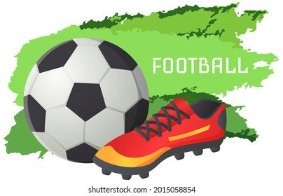 Sport football vector banner, soccer symbols set. Uniform, ball and stadium, championship. Team competition, sport in which goal is to kick ball into opponents gate on playing field, grass stadium