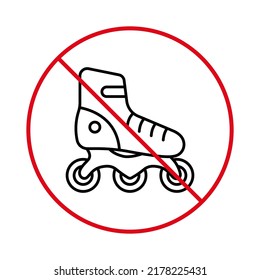 Sport Footwear Red Stop Circle Symbol. Ban Rollerskate Black Line Icon. No Allowed Skating Sign. Prohibited Roll Zone. Forbidden Roller Skate Outline Pictogram. Isolated Vector Illustration.
