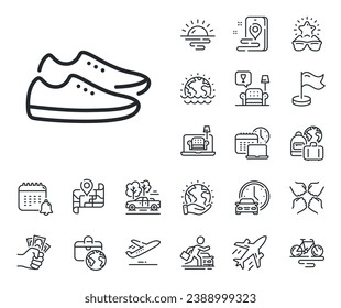 Sport footwear sign. Plane jet, travel map and baggage claim outline icons. Shoes line icon. Fashion sneakers symbol. Shoes line sign. Car rental, taxi transport icon. Place location. Vector