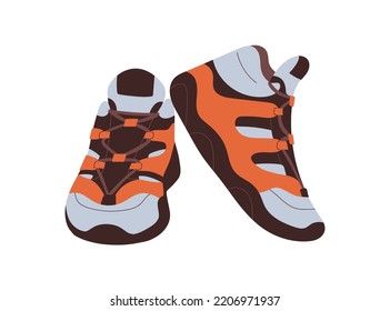 Sport footwear, trekking sneakers. Hiking foot wear pair design. Modern comfortable trainers. Fashion stylish comfy footgear. Flat vector illustration isolated on white background