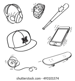 sport and free time icons with headphones, watch, baseball bat, cap, smartphone, yo-yo and a skateboard