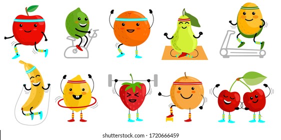 Sport fruits characters. Healthy eating. Fruits sportsman. Funny fruit foods on sport exercises, fitness vitaminic human vector illustration