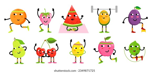 Sport fruits characters. Healthy eating. Fruits sportsman. Fruit characters yoga. Funny fruit foods on sport exercises, fitness vitamins human vector illustration