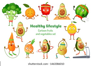 Frutas y verduras deportivas. Mascotas de estilo de vida saludable, ejercicio de deportes de frutas y ejercicio de yoga aguacate. Gimnasio de carácter vegetal. Conjunto de iconos de ilustraciones vectoriales aisladas de dibujos animados