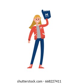 Sport fun girl standing and rising hand with foam finger glove cartoon character, supporter of american football vector Illustration