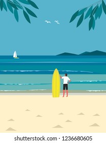 Sport fun on sea beach. Leisure activity on sand seashore. Colorful minimal style cartoon. Young man with surf. Summer vacation surfing enjoy, recreation. Vector ocean waves seascape scenic background