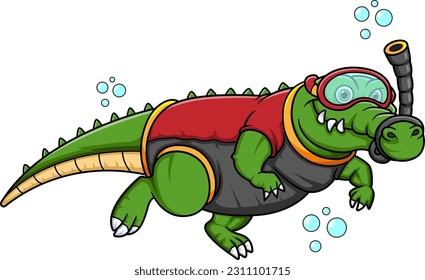 Sport funny crocodile snorkeling cartoon character of illustration