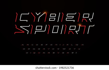 Sport futuristische Schriftart mit scharfen Winkeln und dünnen Linien. Rahmenbuchstaben und -ziffern für die Schlagzeile und das Logo-Design des Spiels. Lineare Kursivschrift, Cyber Sport Font Set. Contour scifi-Vektortypografie