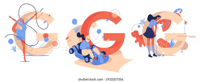 Sport G letters with women training gymnastics, go-carting and golf. Concept illustrations with capital characters smiling and having fun