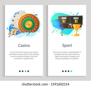 Sport and gambling vector, casino roulette and chips with playing cards, hobby and relaxation. Score of match and prize award for winning team. Website or slider app, landing page flat style