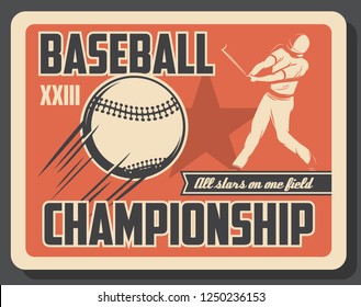 Sport game baseball retro invitation with flying ball and player. Sporting item and sportsman in uniform on vintage poster. Professional all stars league championship or tournament brochure vector