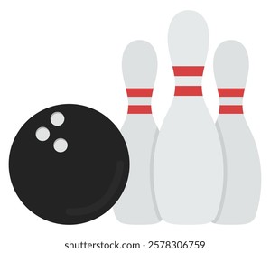 Sport game bowling ball and pins icon isolated on white background.