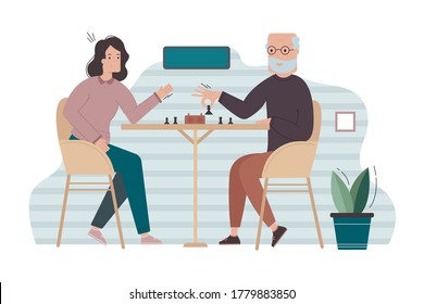 Sport, game, competition, championship concept. Senior citizen old man pensioner playing chess with young woman girl competitor partner. Strategy gaming planning or recreation activity illustration.