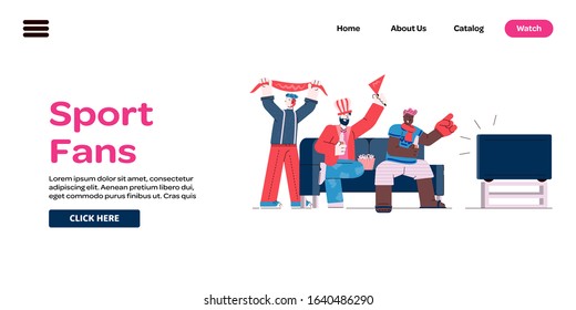 Sport game fans characters watch TV sketch cartoon vector illustration isolated.
