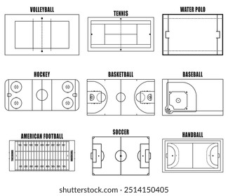 Campos de juego deportivo marcando sobre fondo. Elemento gráfico para balonmano, tenis, fútbol americano, fútbol, béisbol, baloncesto, hockey, waterpolo, voleibol