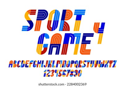 Sport game font, vector retro trendy geometric alphabet letters set, italic speed typeface, numbers included, 90s style logo creation.