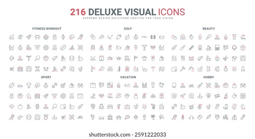 Sport game and hobby tools, golf and fitness equipment, beach vacation, beauty line icon set. Bodybuilding and running, yoga and baseball thin black and red outline symbols vector illustration