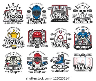 Sport game ice hockey vector icons with sporting items, ice rink. Mask and helmet, puck and sticks, trophy cup and uniform, gate and goalkeeper, skates. Team tournament, sport league symbols