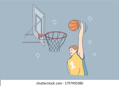 Sport, game, match, competition, hobby concept. Young professional man guy athlete basketball player participated in tourney match on court field jumping scoring athletic slam dunk. Active lifestyle.