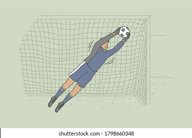 Sport, game, playing, match, competition, hobby concept. Young professional african american man guy soccer goalkeeper character catching ball on stadium field during championship. Active lifestyle.